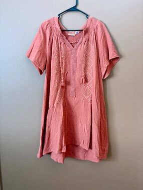 Lucky Brand Coral Embroidered Boho Dress M Tassel Tie Flowy Peasant Style